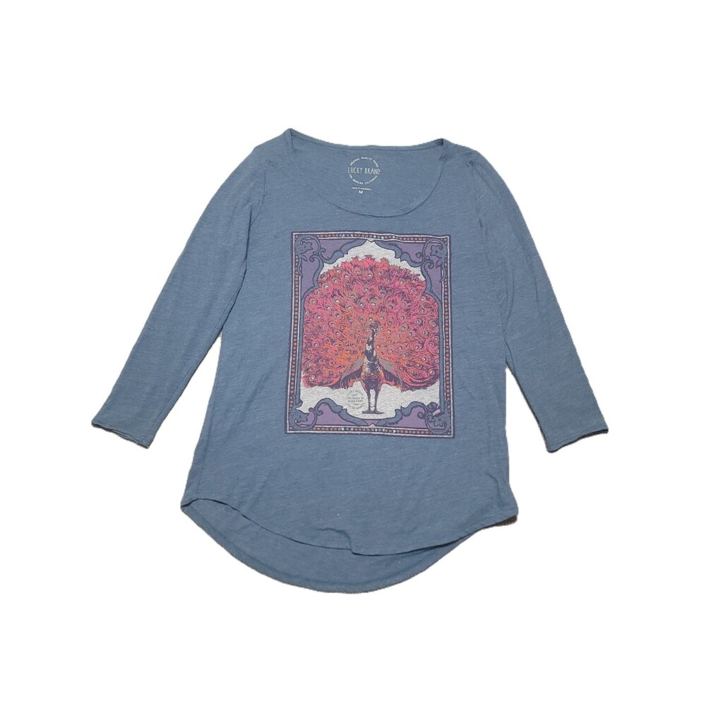 Lucky Brand Peacock Graphic T Shirt Womens S Blue Scoop Neck 3/4 Sleeve Top